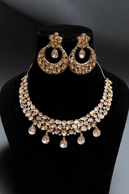 The House Of Aqua_Gold Plated Imitation Diamonds Floral Polki Necklace Set _Online_at_Aza_Fashions