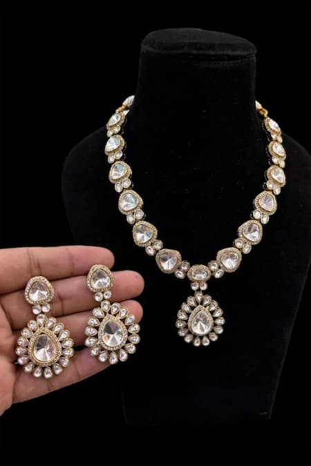 The House Of Aqua_Gold Plated Imitation Diamonds Polki Jadau Stone Necklace Set _Online_at_Aza_Fashions