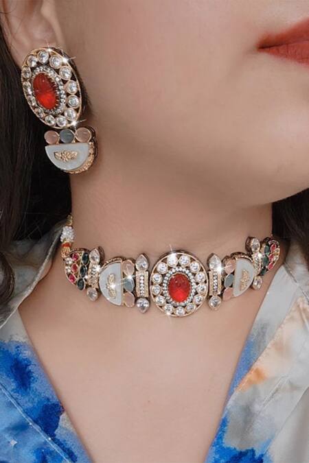 The House Of Aqua Multi Color Stones Jadau Embellished Choker Set Online at Aza Fashions The House Of Aqua_Multi Color Stones Jadau Embellished Choker Set _Online_at_Aza_Fashions