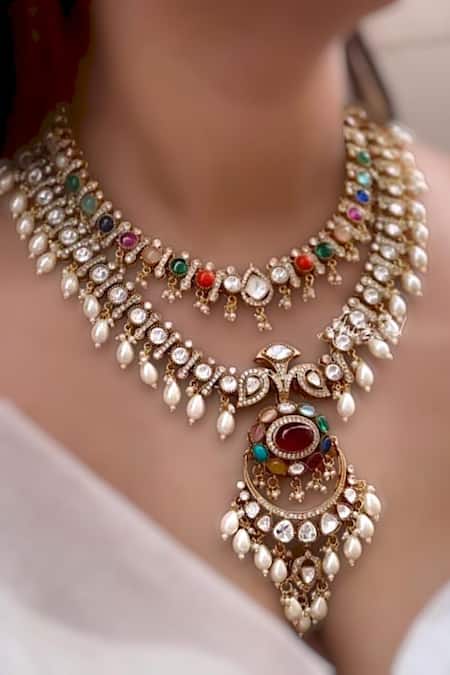 The House Of Aqua_Gold Plated Pearls, Stones Moissanite Layered Necklace Set _Online_at_Aza_Fashions
