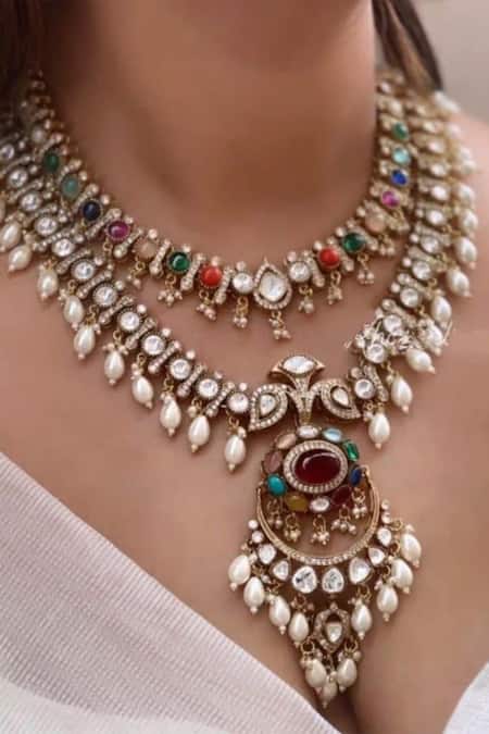 The House Of Aqua Gold Moissanite Pearl Layered Necklace Set 