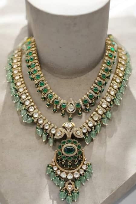 Buy_The House Of Aqua_Gold Plated Pearls, Stones Moissanite And Polki Layered Necklace Set _Online_at_Aza_Fashions