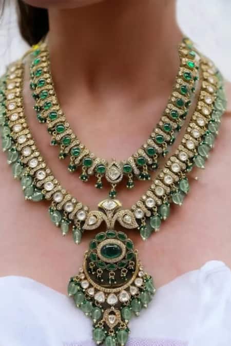 Shop_The House Of Aqua_Gold Plated Pearls, Stones Moissanite And Polki Layered Necklace Set _Online_at_Aza_Fashions