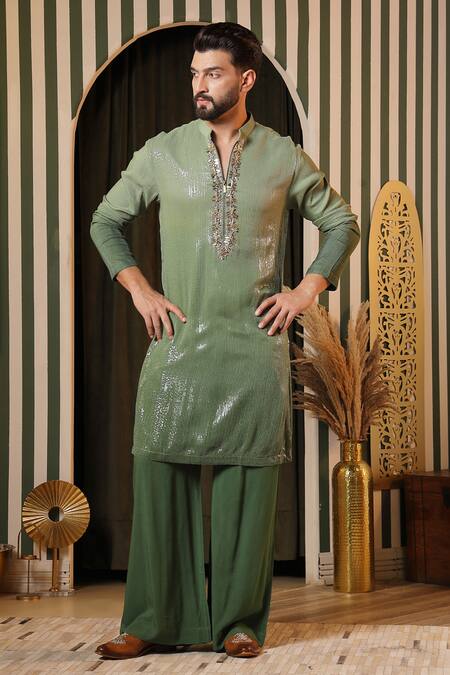 Shop_Soniya G_Green Georgette Sequins Ombre Embellished Kurta And Trouser Set _Online_at_Aza_Fashions