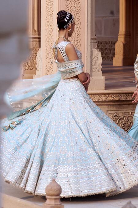 Buy_Gopi Vaid_Blue Tussar, Jersey, Organza Mirrors, Embroidery, Tassels Work Lehenga Set 