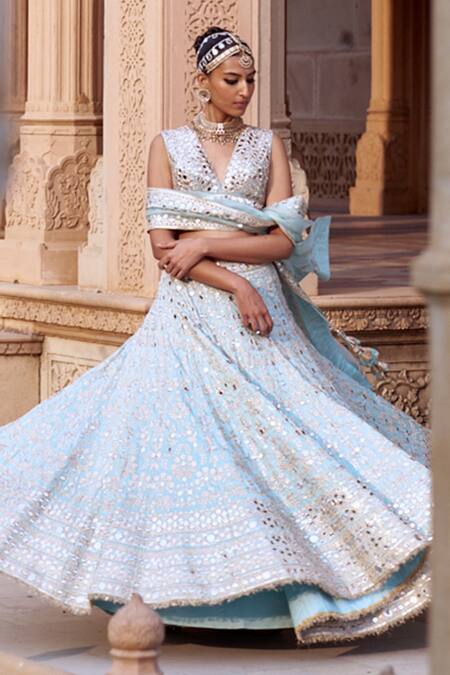 Shop_Gopi Vaid_Blue Tussar, Jersey, Organza Mirrors, Embroidery, Tassels Work Lehenga Set 