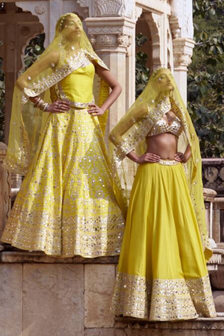Buy_Gopi Vaid_Yellow Tussar, Organza Mirrors, Embroidery, Tassels And Threadwork Lehenga Set 