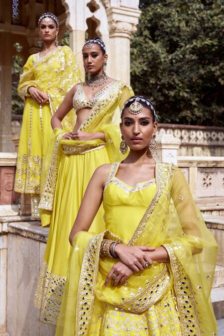 Shop_Gopi Vaid_Yellow Tussar, Organza Mirrors, Embroidery, Tassels And Threadwork Lehenga Set 