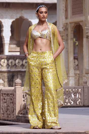Shop Gopi Vaid Yellow Tussar, Kota Doria, Net Mirrors, Embroidery Plunge Neck Blouse And Pant Set Shop_Gopi Vaid_Yellow Tussar, Kota Doria, Net Mirrors, Embroidery Plunge Neck Blouse And Pant Set