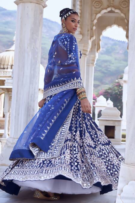 Shop_Gopi Vaid_Blue Tussar, Organza Beads, Embroidery, Mirrors Sweetheart Neck Work Lehenga Set 