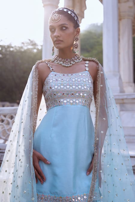 Shop Gopi Vaid Blue Tussar, Georgette, Net Mirrors Square Neck Embroidered Kurta Sharara Set Shop_Gopi Vaid_Blue Tussar, Georgette, Net Mirrors Square Neck Embroidered Kurta Sharara Set