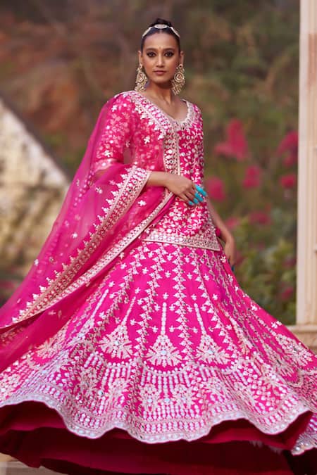 Buy Gopi Vaid Pink Cotton, Tussar, Organza Mirrors, Embroidery Blossom Kurta Lehenga Set Buy_Gopi Vaid_Pink Cotton, Tussar, Organza Mirrors, Embroidery Blossom Kurta Lehenga Set