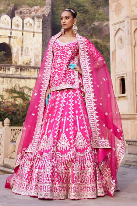 Shop Gopi Vaid Pink Cotton, Tussar, Organza Mirrors, Embroidery Blossom Kurta Lehenga Set Shop_Gopi Vaid_Pink Cotton, Tussar, Organza Mirrors, Embroidery Blossom Kurta Lehenga Set