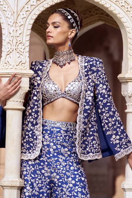 Buy_Gopi Vaid_Blue Tussar Katri Mirror Cape Jacket Dhyeya Embroidered And Flared Pant Set 