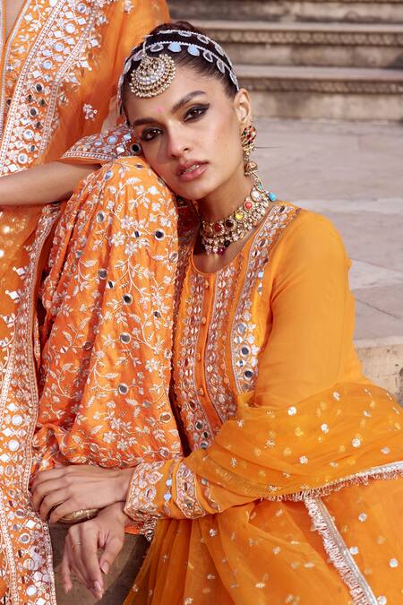 Shop Gopi Vaid Orange Georgette, Lycra, Net Mirrors, Embroidery Round Embellished Anarkali Set Shop_Gopi Vaid_Orange Georgette, Lycra, Net Mirrors, Embroidery Round Embellished Anarkali Set