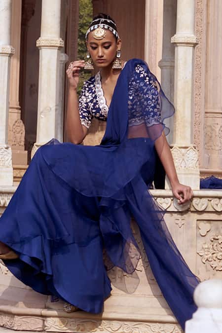 Buy_Gopi Vaid_Blue Tussar, Organza, Chiffon Sequins, Layered Ruffle Pre-draped Saree And Blouse 