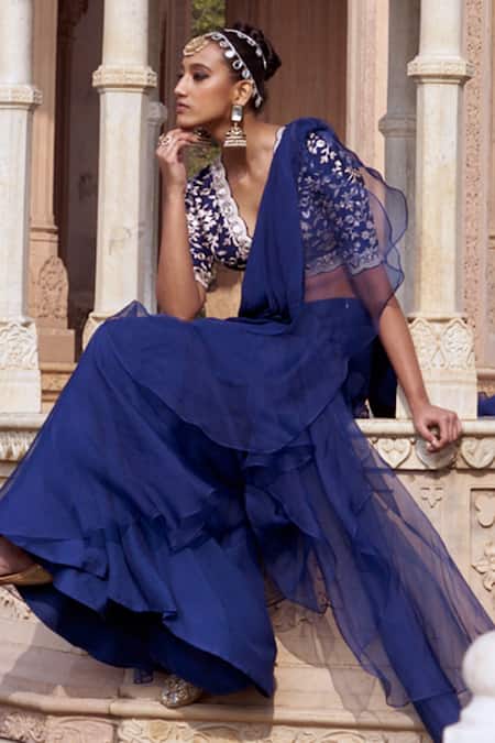 Shop_Gopi Vaid_Blue Tussar, Organza, Chiffon Sequins, Layered Ruffle Pre-draped Saree And Blouse 