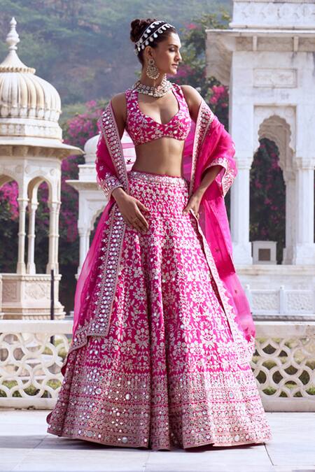 Buy_Gopi Vaid_Pink Jacquard, Organza, Chanderi Mirrors, Embroidery Gulbahar Lehenga Set 