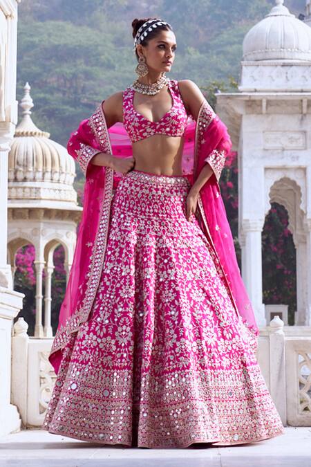 Shop_Gopi Vaid_Pink Jacquard, Organza, Chanderi Mirrors, Embroidery Gulbahar Lehenga Set 