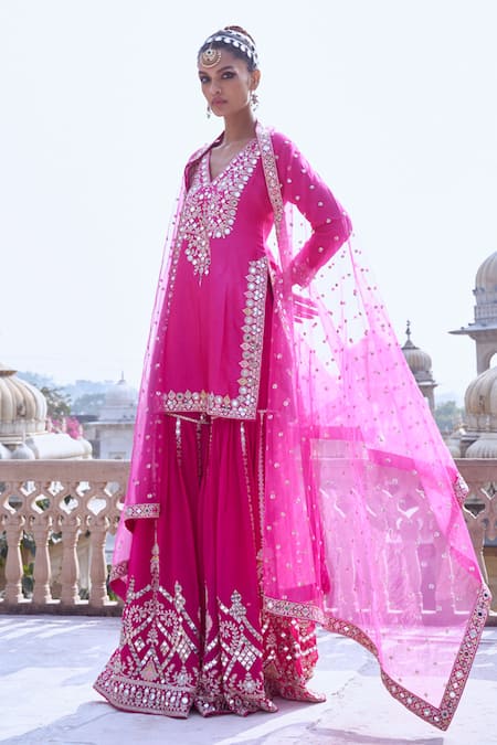 Shop_Gopi Vaid_Pink Tussar, Georgette, Net Gota Patti, Mirrors, Embroidery, Kurta Sharara Set 