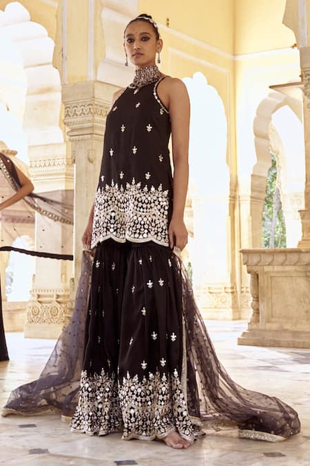 Buy Gopi Vaid Black Tussar, Organza Embroidery, Mirrors Round Neck Kurta Sharara Set Buy_Gopi Vaid_Black Tussar, Organza Embroidery, Mirrors Round Neck Kurta Sharara Set