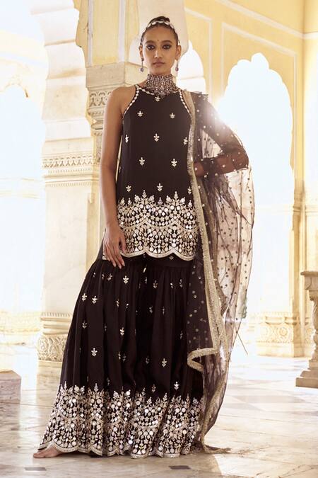 Shop Gopi Vaid Black Tussar, Organza Embroidery, Mirrors Round Neck Kurta Sharara Set Shop_Gopi Vaid_Black Tussar, Organza Embroidery, Mirrors Round Neck Kurta Sharara Set