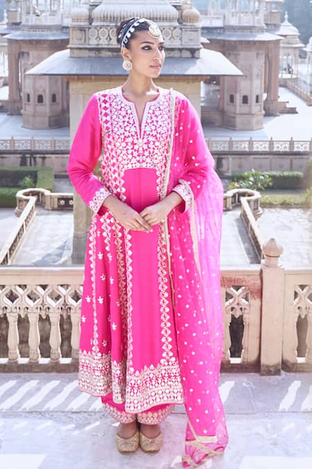 Buy Gopi Vaid Pink Organza, Tussar Mirrors, Embroidery Gulbahar Anarkali Set Buy_Gopi Vaid_Pink Organza, Tussar Mirrors, Embroidery Gulbahar Anarkali Set