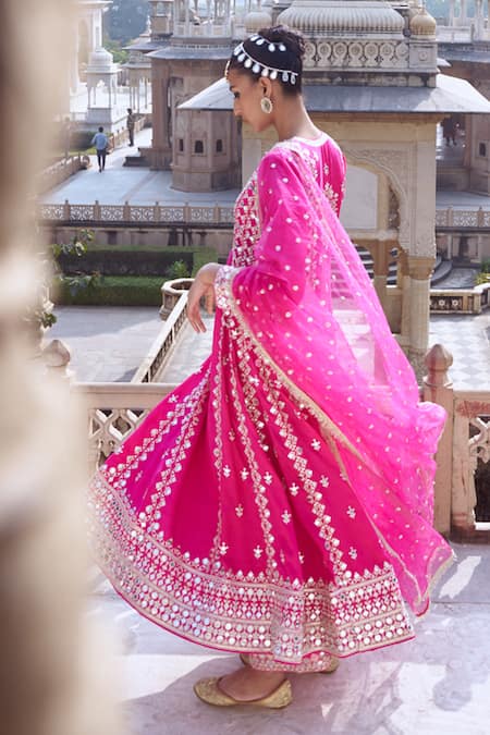 Shop Gopi Vaid Pink Organza, Tussar Mirrors, Embroidery Gulbahar Anarkali Set Shop_Gopi Vaid_Pink Organza, Tussar Mirrors, Embroidery Gulbahar Anarkali Set