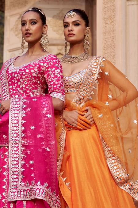 Buy_Gopi Vaid_Orange Tussar, Organza, Satin Mirrors, Embroidery Embellished Lehenga Set 