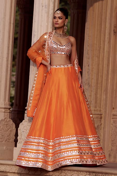 Shop_Gopi Vaid_Orange Tussar, Organza, Satin Mirrors, Embroidery Embellished Lehenga Set 