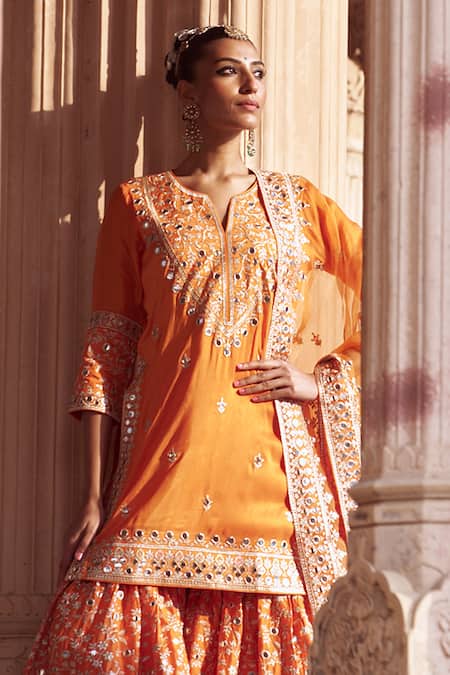 Shop Gopi Vaid Orange Tussar, Net Embroidery, Mirrors Round Neck Embellished Kurta Sharara Set Shop_Gopi Vaid_Orange Tussar, Net Embroidery, Mirrors Round Neck Embellished Kurta Sharara Set