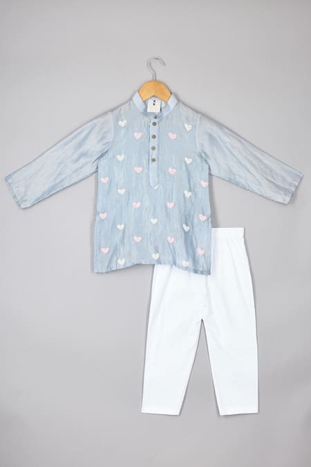 P & S CO Blue Lycra, Cotton Embroidery Beaded Heart Kurta Set