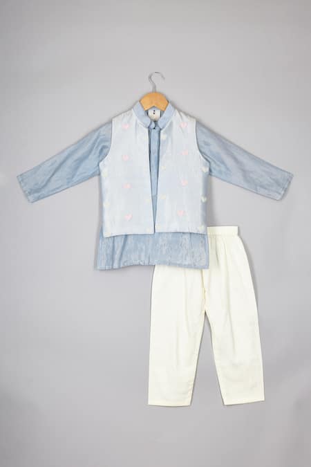 P & S CO Blue Tissue, Linen, Cotton Beads, Embroidery Beaded Heart Kurta Set