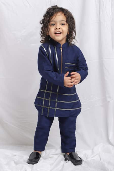 P & S CO Blue Silk, Linen Metallic Thread Stripe Embellished Kurta Set