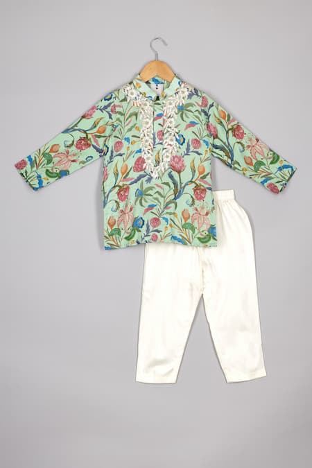 P & S CO Blue Chanderi Gota Patti Floral Print Kurta Set 