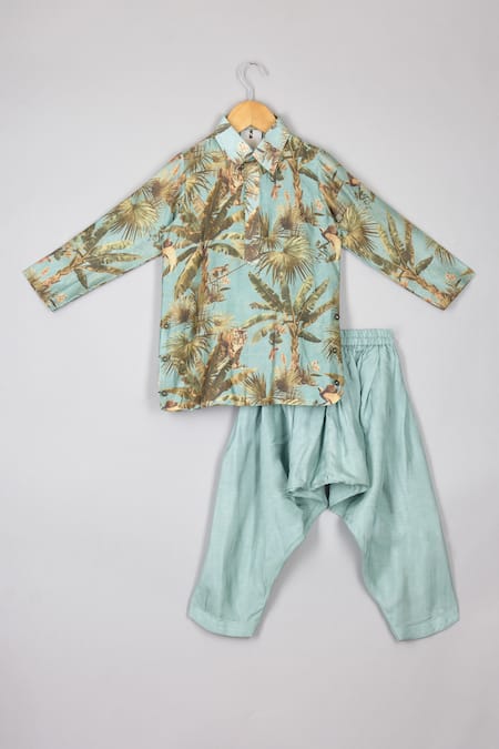 P & S CO Blue Chanderi, Linen Safari Print Kurta Set With Patiala Pant 