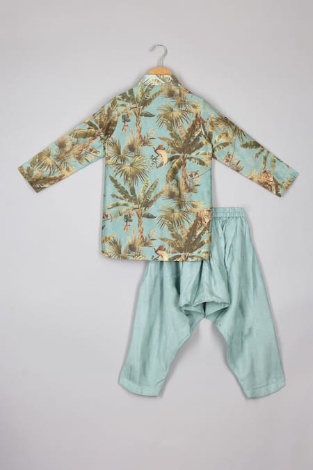 Shop P & S CO Blue Chanderi, Linen Safari Print Kurta Set With Patiala Pant at Aza Fashions Shop_P & S CO_Blue Chanderi, Linen Safari Print Kurta Set With Patiala Pant _at_Aza_Fashions