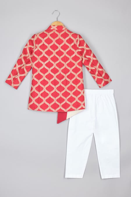 Shop P & S CO White Silk Embroidery Crest Jaal Sherwani And Pyjama Set at Aza Fashions Shop_P & S CO_White Silk Embroidery Crest Jaal Sherwani And Pyjama Set _at_Aza_Fashions