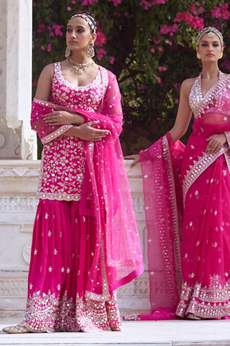 Buy Gopi Vaid Pink Tussar, Georgette, Net Mirrors, Embroidery Scoop Neck Kurta Sharara Set Buy_Gopi Vaid_Pink Tussar, Georgette, Net Mirrors, Embroidery Scoop Neck Kurta Sharara Set