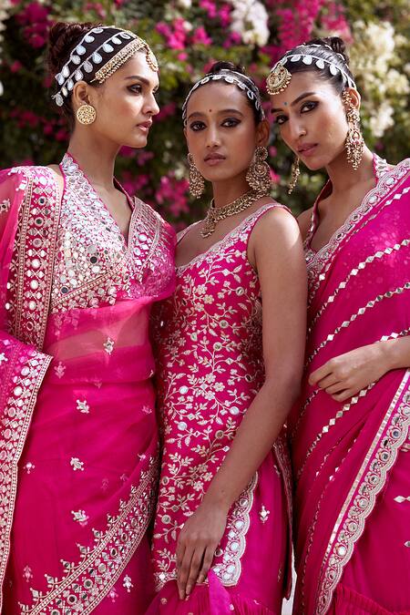 Shop Gopi Vaid Pink Tussar, Georgette, Net Mirrors, Embroidery Scoop Neck Kurta Sharara Set Shop_Gopi Vaid_Pink Tussar, Georgette, Net Mirrors, Embroidery Scoop Neck Kurta Sharara Set