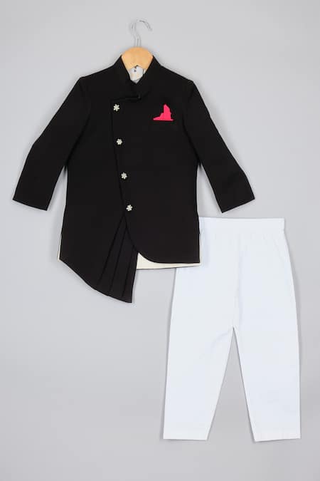 P & S Co White Sherwani Scuba Solid Black Asymmetric Pleated Hem And Pyjama 
