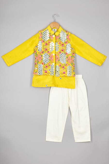 P & S CO Yellow Silk, Cotton Mirrors, Embroidery Floral Kurta Set