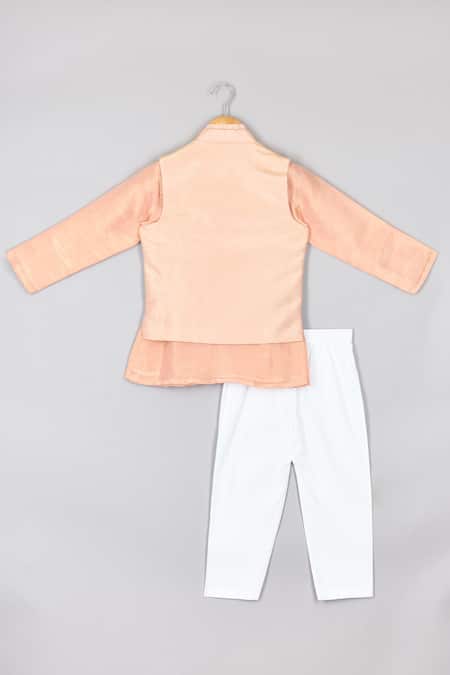 Shop P & S CO Peach Silk, Lycra, Cotton Mirrors, Embroidery Bundi Kurta Set at Aza Fashions Shop_P & S CO_Peach Silk, Lycra, Cotton Mirrors, Embroidery Bundi Kurta Set _at_Aza_Fashions