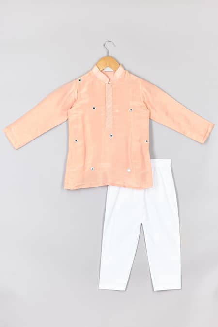 P & S CO Peach Silk, Lycra, Cotton Mirrors, Embroidery Bundi Kurta Set Online at Aza Fashions P & S CO_Peach Silk, Lycra, Cotton Mirrors, Embroidery Bundi Kurta Set _Online_at_Aza_Fashions