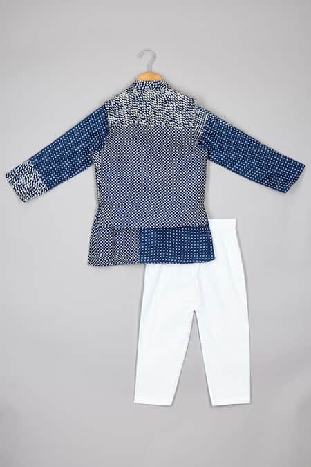 Shop P & S CO Blue Silk, Cotton Smear Print Bundi Kurta Set at Aza Fashions Shop_P & S CO_Blue Silk, Cotton Smear Print Bundi Kurta Set _at_Aza_Fashions