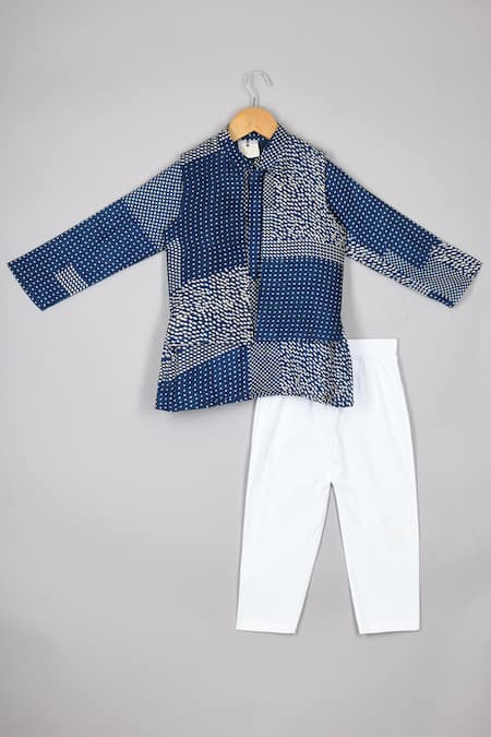 P & S CO Blue Silk, Cotton Smear Print Bundi Kurta Set