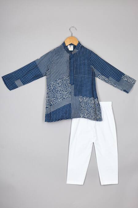 P & S CO Blue Silk, Cotton Smear Print Bundi Kurta Set Online at Aza Fashions P & S CO_Blue Silk, Cotton Smear Print Bundi Kurta Set _Online_at_Aza_Fashions