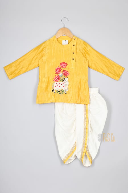 P & S CO Yellow Silk Beads, Lace Cow Embroidered Kurta And Dhoti Set