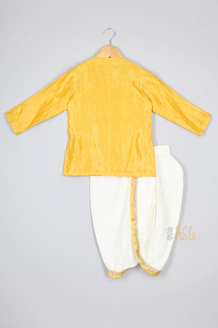 Shop P & S CO Yellow Silk Beads, Lace Cow Embroidered Kurta And Dhoti Set at Aza Fashions Shop_P & S CO_Yellow Silk Beads, Lace Cow Embroidered Kurta And Dhoti Set _at_Aza_Fashions