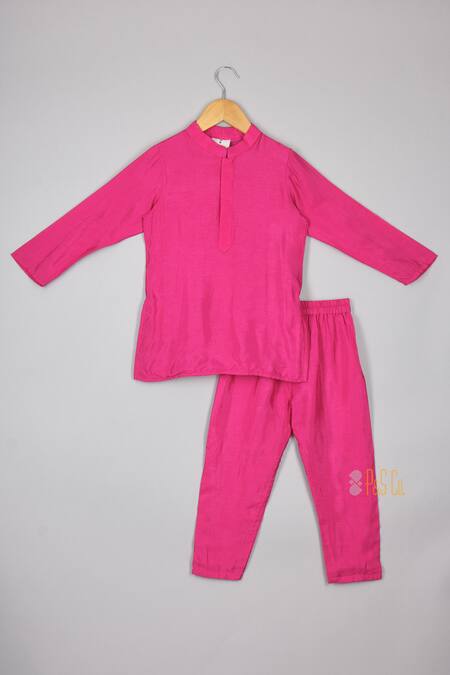 P & S CO_Pink Silk, Linen Embroidery Bird Garden Kurta Set _Online_at_Aza_Fashions